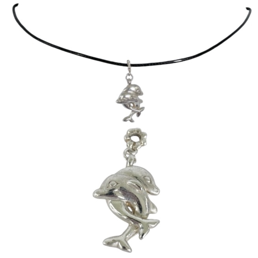 Handmade vintage silver dolphin pendant charm adjustable length choker necklace